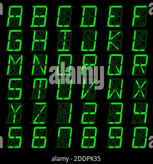 Grüne digitale Schrift, Buchstaben und Zahlen. Englisches Alphabet im digitalen Bildschirm. Konzept LED-Tafel für Werbetafeln, Uhren, Sportspiele und Werbung Stock Vektor