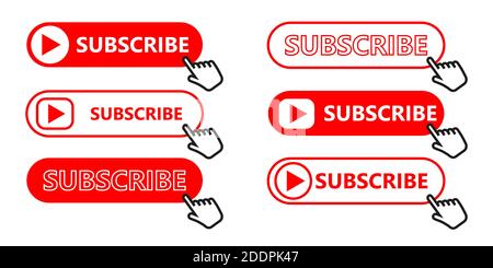 Schaltfläche für Social Media-Abonnement. Abonnieren Sie den Video-Kanal, Blog und Newsletter. Rote Taste mit Handcursor für Abonnement. Flacher Style. Vecto Stock Vektor