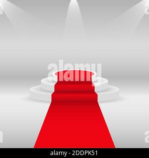 Roter Teppich und Podium. Weißer runder Sockel mit Buchstaben, in Ton akzentuiert. Bühnenpodium mit Beleuchtung, Szenario der Preisverleihung. Vektor illustrr Stock Vektor