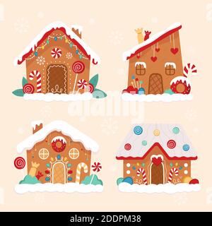 Flaches Design Lebkuchen Haus Sammlung Vektor-Illustration Stock Vektor