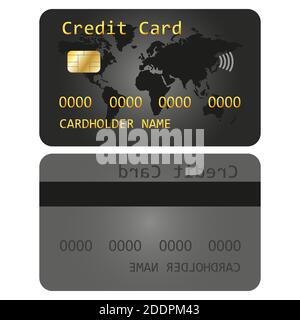 Realistische detaillierte Debitkarte, Kreditkarte Design Vorlage. ATM-Kartenlayout mit Gold-Metallic-Farbverlauf und schwarzem Streifen. Beidseitiger Aufbau. Isol Stock Vektor