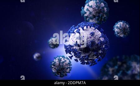 Biologie und Wissenschaft. Covid-19. Mikroskopische Nahaufnahme des Covid-19-Virus. Coronavirus-Krankheit, die sich in Körperzellen ausbreitet. Globale Pandemie-Krankheit. 3D-Ren Stockfoto