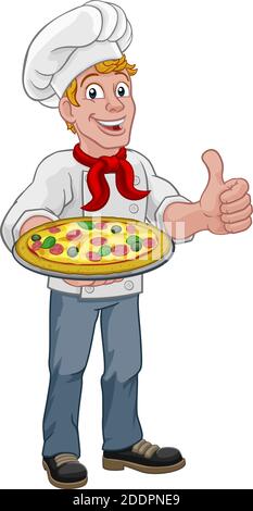 Koch Koch Mann Cartoon Halten SIE EINE Pizza Stock Vektor