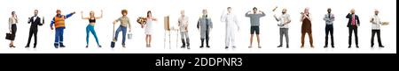 Kunstcollage. Mann und Frau mit verschiedenen Berufen auf weißem Studiohintergrund, horizontal. Moderne Arbeiter verschiedener Berufe wie Stylist, Maler, Landwirt, Buchhalter mit Ausrüstung Stockfoto