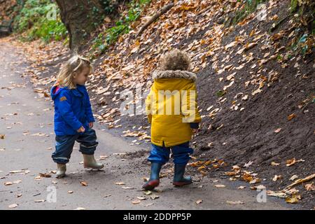 Bournemouth, Dorset, Großbritannien. November 2020. UK Wetter: Jungs wollen einfach nur Spaß haben - Peppe und Rudi, im Alter von 3 und 2, spielen in den Herbstblättern in den Chines bei Alum Chine, Bournemouth an einem kalten trüben grauen Tag (Erlaubnis erhalten). Quelle: Carolyn Jenkins/Alamy Live News Stockfoto