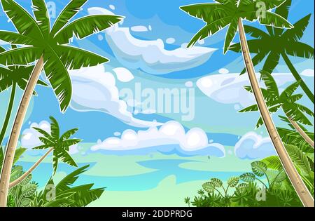 Tropische Dschungellandschaft. Pflanzen, Sträucher und Palmen. Himmel mit Wolken. Zeichentrickfilm. Flach, stylisch. Hintergrunddarstellung. Stock Vektor
