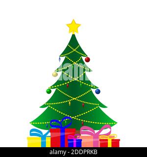Weihnachtsbaum mit Geschenken, verziert mit Spielzeug und Girlanden. Isoliert auf weißem Hintergrund. Vektorgrafik Stock Vektor