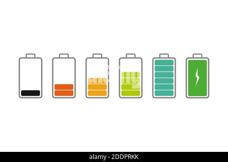 Batteriesymbol eingestellt. Symbole für volle Ladung. Akkumulator- oder Batterieanzeige. Vektor Stock Vektor