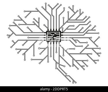 Computerplatine in Form eines menschlichen Gehirns in schwarz mit einem Prozessor. Abstrakte Illustration der wissenschaftlichen Technologie. Isoliert auf weißem Hintergrund. F Stock Vektor