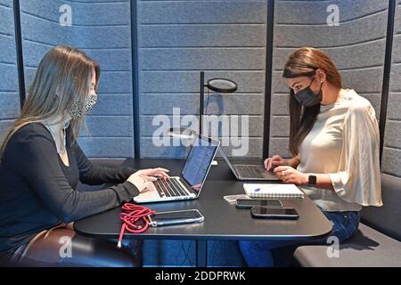 Themenbild Coworking Space: Zwei junge Frauen arbeiten am 22. November 2020 in einem Coworking-Büro an ihren Laptops. Coworking ist eine Entwicklung im Bereich der "neuen Arbeitsformen". Freiberufler, kleinere Startups oder digitale Nomaden arbeiten in meist größeren, relativ offenen Räumen und können so voneinander profitieren. Sie arbeiten entweder selbstständig in verschiedenen Unternehmen und Projekten oder entwickeln gemeinsam mit anderen Mitarbeitern Projekte. MODELL FREIGEGEBEN! Weltweite Nutzung Stockfoto