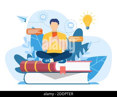 Mann, der auf Bücherhaufen sitzt Stock Vektor