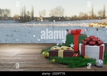 Weihnachtsgeschenke auf Holzboden. Geschenkschachteln mit Dekor und Kopierfläche. Winter Schnee fällt Hintergrund. 3D-Rendering-Bild Stockfoto