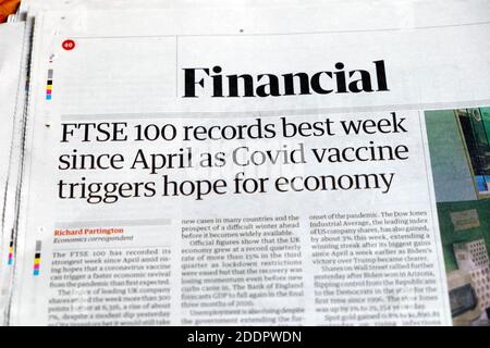 'FTSE 100 verzeichnet als Covid-Impfstoff die beste Woche seit April Löst Hoffnung für die Tageszeitung Guardian in London England aus Großbritannien, 14. November 2020 Stockfoto