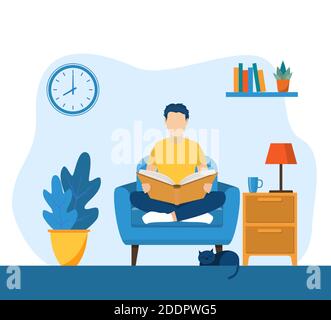 Junger Mann liest Buch auf Stuhl zu Hause Stock Vektor