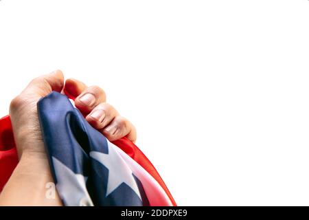 Menschliche Hand mit Flagge der USA. Presidents Day Konzept. Flyer für Werbung. Stockfoto