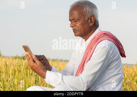 Indischer Famer mit Handy auf landwirtschaftlichen Ackerland - ältere Dorfbewohner mit Telefon - Konzept der älteren ländlichen Menschen mit Technologie und Smartphone. Stockfoto