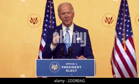 Der designierte US-Präsident Joe Biden hält am Mittwoch, den 25. November 2020, eine Danksagungsrede an das amerikanische Volk in Wilmington, Delaware.Quelle: Biden Übergang über CNP /MediaPunch Stockfoto