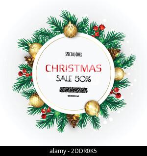Weihnachtskranz von Weihnachtsbällen, Schneeflocken und anderen Feiertagselementen. Stock Vektor