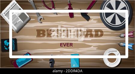 Draufsicht auf einen Hintergrund mit Sportgeräten. Die Inschrift ist der beste Vater. Sportfächertisch mit Darts, Wasserflasche, Baseball, Kaffee, Hammer, Zange, Schlüssel, Schraubendreher. Grußkarte für Vatertag, internationaler Männertag. Brutal helle Illustration für Männer Banner, Website oder Werbung. Vektorgrafik im flachen Stil. Stock Vektor