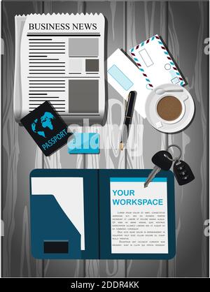 Draufsicht auf einen hölzernen Büroschreibtisch mit Bürobedarf. Die Beschriftung Ihres Arbeitsbereichs. Business man s Desk mit einem Tagesplaner, Zeitung mit Business News, Kaffee, Pass, Kreditkarte, Umschläge, Mittagessen und Stift. Postkarte für Vatertag, internationaler Männertag. Eine brutale helle Illustration für ein Banner, eine Website oder eine Anzeige für Männer. Vektorgrafik im flachen Stil. Stock Vektor