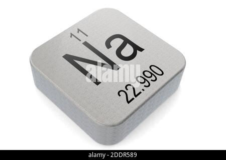 Natrium-Element-Symbol auf Metallblock, 3D-Rendering Stockfoto