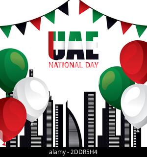 UAE Nationalfeiertag mit Stadtgebäuden und Luftballons Vektor-Design Stock Vektor