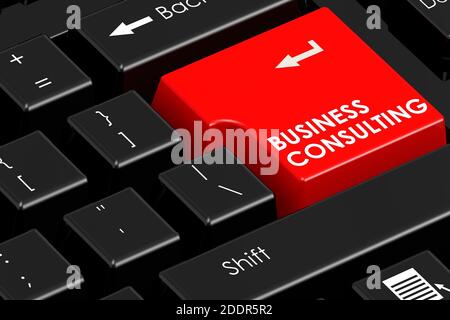 Business Consulting Wort auf schwarzer Tastatur, 3D-Rendering Stockfoto