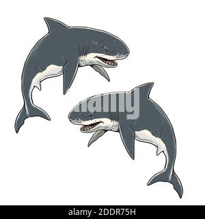 Riesentiger und weiße Haie. Zeichnung großer Haie. Monster Megalodon Illustration. Stockfoto