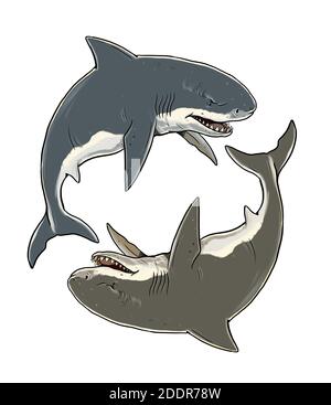 Riesentiger und weiße Haie. Zeichnung großer Haie. Monster Megalodon Illustration. Stockfoto