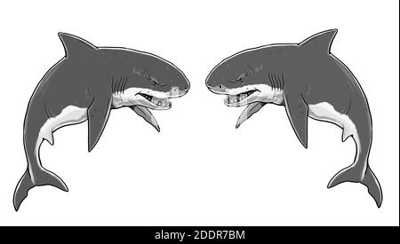 Riesentiger und weiße Haie. Zeichnung großer Haie. Monster Megalodon Illustration. Stockfoto