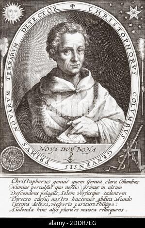 Christopher Columbus, 1451 – 1506. Italienischer Entdecker, Navigator, Kolonist und erster Gouverneur der Inder. Nach einem Stich von Crispijn van de Passe. Stockfoto