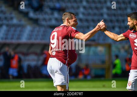 Turin, Italien. September 2020. Andrea Belotti (9) von Turin erzielt 1-0 Punkte in der Serie A Spiel zwischen Turin und Atalanta im Stadio Olimpico in Turin. (Foto: Gonzales Photo - Tommaso Fimiano). Stockfoto