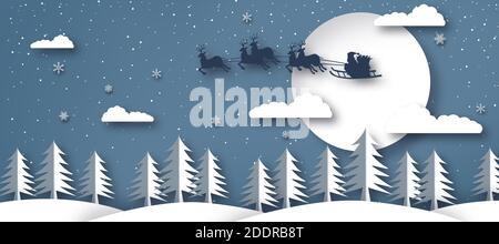 Illustration von Santa Clause fliegen auf ihren Rentieren über den Vollmond. Papierkunst Landschaft von Weihnachten und Frohes neues Jahr. Stockfoto