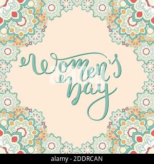 Hand Lettering Frauentag. Internationaler Frauentag. Vorlage Grußkarte, Poster. Stock Vektor