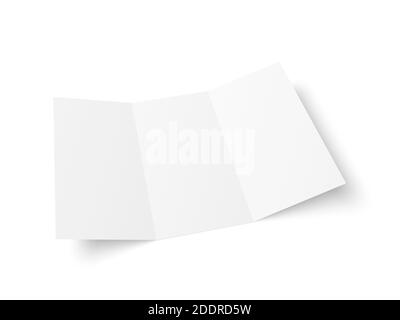 Vektor leer weiß dreifach Broschüre auf weißem Hintergrund geöffnet. Vorderseite. Dreifach gefaltete Papierblätter in A4. Mock-up von leerem Umschlag oder Flyer isoliert. 3D Stock Vektor