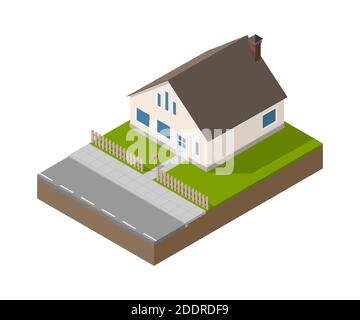 Isometrisches beiges Vorstadthaus mit Tür, Fenster und Kamin. Gebäude, Zaun, Briefkasten, Straße, Garten und Schatz. Vektor einfache Anwesen isoliert. Stock Vektor