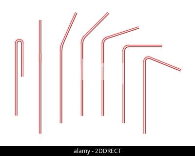 Vector realistische Trinkhalme gestreift für Milchgetränke, Cocktails oder Alkohol. Set von weiß-roten Trinkhalmen isoliert mit verschiedenen Biegungen. 3D-Templ Stock Vektor