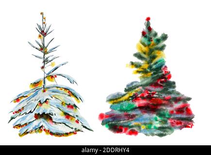Grüne Weihnachtsbäume im Schnee geschmückt mit Girlanden, Lichter von gelb, rot, orange Farben, Aquarell. Isoliert auf einem transparenten Hintergrund Stockfoto