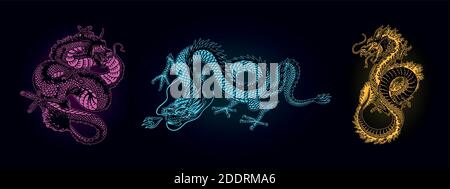 Japanischer Neondrache. Mythologisches Tier oder traditionelles asiatisches Reptil. Symbol für Tattoo oder Etikett. Gravierte Hand gezeichnet Linie Kunst Vintage alt Stock Vektor