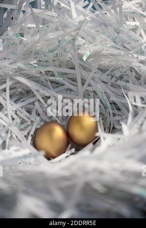 Zwei goldene Eier liegen geschützt in einem Nest aus geschnittenen Papierstreifen aus dem Büro. Stockfoto