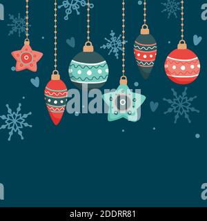 Weihnachtskarte mit hängenden Dekorationen, Vektor-Illustration Stock Vektor