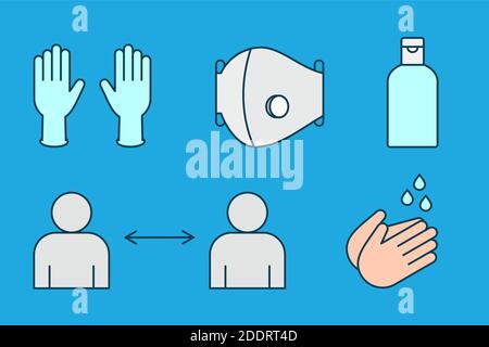Handschuhe, Maske, Händedesinfektionsmittel, soziale Distanzierung, Hände waschen, Icon-Set. Sicherheitsmaßnahmen bei einer Coronavirus-Pandemie. Pandemieprävention. Haltestelle COVID-19. Stock Vektor