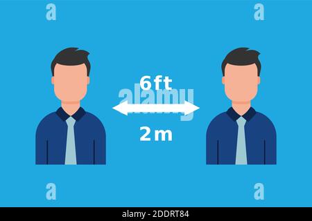 Soziale Distanz bei der Arbeit. Zwei Geschäftsleute in Anzügen mit Krawatten. Vermeiden Sie Gedränge. Soziale Distanzierung Zeichen, um die Verbreitung von Viren zu verhindern. Blauer Hintergrund.Vektor Stock Vektor