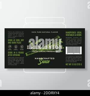 Handgefertigte Gemüse und Kräuter Sauce Label Template. Abstraktes Vektor-Verpackungsdesign-Layout. Modernes Typografie-Banner mit handgezeichneter Lauchzwiebel Stock Vektor
