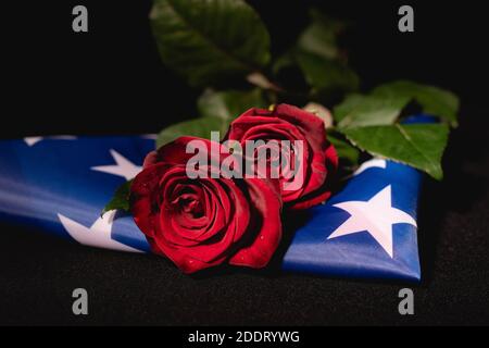 Rote Rosen und amerikanische Flagge auf schwarzem Hintergrund, Bestattungskonzept Stockfoto