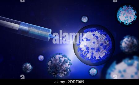 Biologie und Wissenschaft. Covid-19. Mikroskopische Nahaufnahme des Covid-19-Virus. Coronavirus-Krankheit, die sich in Körperzellen ausbreitet. Globale Pandemie-Krankheit. 3D-Ren Stockfoto