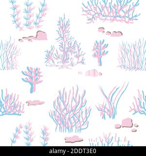 Blaue, rosa Korallen auf weißem Hintergrund. Vektor nahtloses Muster mit tropischem Riff. Stock Vektor