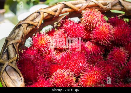 Frische Rambutan-Früchte in einem einheimischen Korb, der auf einem lokalen Markt in Quezon, Philippinen, verkauft wird Stockfoto