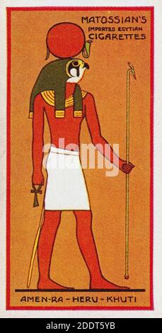 Antike Zigarettenkarten. Henly & Watkins Zigaretten (Serie Ancient Egyptian Gods). Der Trinitätsgott, Amen Ra-Heru-Khuti (Ra). 1924 Ra ist das Alte Stockfoto