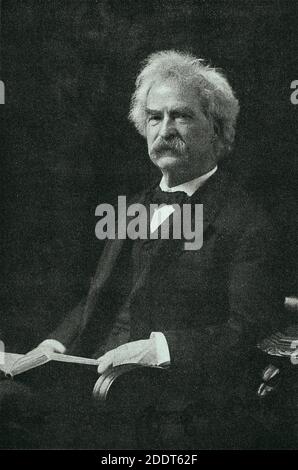 Retro-Foto von Mark Twain Samuel Langhorne Clemens (1835 – 1910), bekannt unter seinem Künstlernamen Mark Twain, war ein amerikanischer Schriftsteller, Humorist, Unternehmer, pu Stockfoto